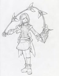 Size: 743x960 | Tagged: safe, artist:valornomad, part of a set, angel bunny, fluttershy, human, badass, clothes, fantasy class, flutterbadass, gloves, humanized, monochrome, sketch, socks, sword, traditional art, weapon, whip, whip sword, wip
