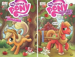 Size: 1267x951 | Tagged: safe, artist:agnesgarbowska, idw, applejack, big macintosh, earth pony, pony, applebucking, cart, comic cover, cover, male, stallion, tree