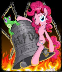 Size: 1050x1202 | Tagged: safe, artist:flutterthrash, gummy, pinkie pie, earth pony, pony, ac/dc, bell, chains, devil