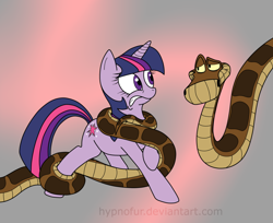 Size: 900x733 | Tagged: safe, artist:hypnofur, derpibooru import, twilight sparkle, snake, coils, crossover, imminent vore, kaa, peril, the jungle book