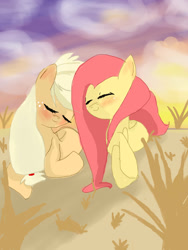 Size: 1200x1600 | Tagged: safe, artist:misspolycysticovary, applejack, fluttershy, earth pony, pegasus, pony, appleshy, blushing, female, lesbian, missing accessory, resting, shipping, sunset