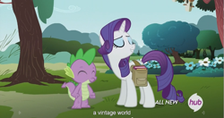 Size: 1441x762 | Tagged: safe, screencap, rarity, spike, dragon, pony, unicorn, inspiration manifestation, hub logo, meme, youtube caption