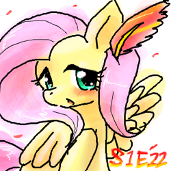 Size: 317x317 | Tagged: safe, artist:yajima, fluttershy, pegasus, pony, a bird in the hoof, feather, pixiv, solo