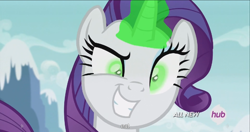 Size: 1440x763 | Tagged: safe, screencap, rarity, pony, unicorn, inspiration manifestation, corrupted, hub logo, inspirarity, meme, possessed, solo, youtube caption