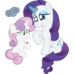 Size: 3500x3500 | Tagged: safe, artist:t-3000, rarity, sweetie belle, pony, unicorn, bandaid, crying, injured, magic