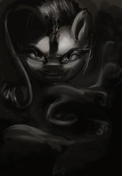 Size: 2000x2894 | Tagged: safe, artist:alumx, rarity, pony, unicorn, inspiration manifestation, dark, fangs, grayscale, looking at you, monochrome, solo