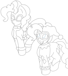 Size: 2600x2900 | Tagged: safe, artist:blackbewhite2k7, pinkie pie, earth pony, pony, crossover, dc comics, deadpool, duality, duo, harley quinn, hopping, jumping, marvel comics, monochrome, pronking, wip