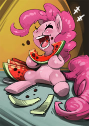 Size: 496x702 | Tagged: safe, artist:bittenhard, pinkie pie, earth pony, pony, eating, eyes closed, food, messy, open mouth, sitting, smiling, solo, watermelon