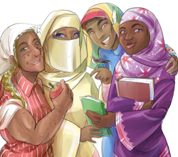 Size: 390x344 | Tagged: safe, artist:obfuscobble, derpibooru import, applejack, fluttershy, rainbow dash, twilight sparkle, human, dark skin, headcanon, hijab, humanized, islam, islamashy, niqab