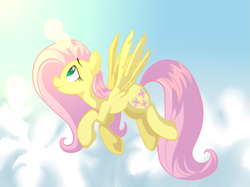 Size: 1015x759 | Tagged: safe, artist:bast13, fluttershy, pegasus, pony, cloud, cloudy, flying, lens flare, solo