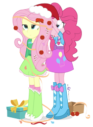 Size: 736x1000 | Tagged: safe, artist:dm29, fluttershy, pinkie pie, equestria girls, balloon, boots, bowtie, candy cane, christmas tree, clothes, duo, fluttertree, hat, high heel boots, ornaments, present, santa hat, simple background, skirt, streamers, transparent background, unamused