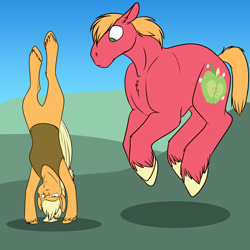 Size: 700x700 | Tagged: safe, artist:foxenawolf, applejack, big macintosh, earth pony, pony, commission, confused, crossover, handstand, levitation, male, missing accessory, stallion, star wars, telekinesis, the force, unshorn fetlocks, upside down