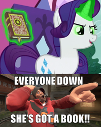 Size: 920x1158 | Tagged: safe, edit, edited screencap, screencap, rarity, human, pony, unicorn, inspiration manifestation, book, cropped, female, inspirarity, inspiration manifestation book, magic, magic aura, male, mare, soldier, team fortress 2, telekinesis