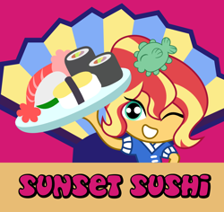 Size: 1000x943 | Tagged: safe, artist:kingdark0001, sunset shimmer, equestria girls, chibi, clothes, cute, doll, equestria girls minis, female, food, hair tie, happi, looking at you, one eye closed, onigiri, seafood, serving tray, shimmerbetes, smiling, solo, sunset sushi, sushi, toy, toy interpretation, wink
