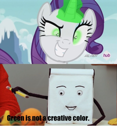 Size: 736x795 | Tagged: safe, rarity, pony, unicorn, inspiration manifestation, corrupted, don't hug me i'm scared, green is not a creative color, hub logo, image macro, inspirarity, meme, notepad (dhmis), possessed, this will end in tears and/or death