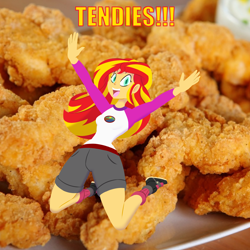 Size: 2000x2000 | Tagged: safe, artist:7los7, artist:dwk, sunset shimmer, equestria girls, beautiful, boots, camp everfree outfits, chicken meat, chicken tenders, clothes, food, fried chicken, happy, meat, shorts, socks, solo