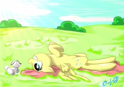 Size: 1754x1240 | Tagged: safe, artist:s4vin, fluttershy, pegasus, pony, rabbit, animal, eye contact, grass, on back, solo