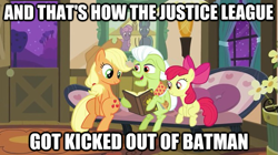 Size: 625x351 | Tagged: safe, apple bloom, applejack, granny smith, earth pony, pony, apple family reunion, batman, image macro