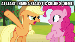 Size: 625x351 | Tagged: safe, applejack, pinkie pie, earth pony, pony, angry, duo, female, image macro, mare