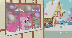 Size: 1500x800 | Tagged: safe, artist:flare-chaser, gummy, pinkie pie, earth pony, pony, christmas, cold, cute, snow, snowfall, snowpony, sugarcube corner