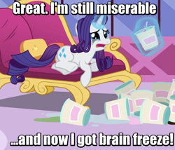 Size: 546x467 | Tagged: safe, screencap, rarity, pony, unicorn, inspiration manifestation, brain freeze, comfort eating, crying, fainting couch, ice cream, image macro, marshmelodrama, mascara, meme, running makeup, solo