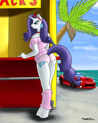 Size: 800x1000 | Tagged: safe, artist:stigma-photon, rarity, anthro, unguligrade anthro, 80s, ass, beach, california, car, clothes, earring, food stand, hooves, leg warmers, ocean, off shoulder, palm tree, shirt, shorts, solo, sunglasses, tree