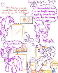 Size: 4779x6013 | Tagged: safe, artist:adorkabletwilightandfriends, starlight glimmer, twilight sparkle, twilight sparkle (alicorn), oc, oc:tony, alicorn, pony, unicorn, comic:adorkable twilight and friends, absurd resolution, adorkable twilight, chair, comic, cooking, food, humor, implied abuse, junk food, lazy, lineart, nostril flare, nostrils, pasta, pleased, plot, sleeping, slice of life, slob, snacks, sofa, spaghetti, z, zzz
