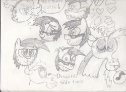 Size: 1024x746 | Tagged: safe, artist:toon-n-crossover, discord, pinkie pie, oc, earth pony, pony, cute, heart, love, monochrome, ponysona, practice, reference sheet, speech bubble, whistling