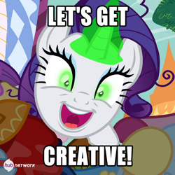 Size: 550x550 | Tagged: safe, screencap, rarity, pony, unicorn, inspiration manifestation, corrupted, don't hug me i'm scared, faic, green eyes, green magic, hub logo, hub network, image macro, impact font, inspirarity, magic, meme, messy mane, palindrome get, possessed, solo, stare