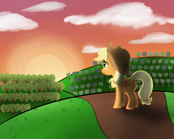 Size: 1280x1024 | Tagged: safe, artist:emedina13, applejack, earth pony, pony, orchard, solo, sunrise