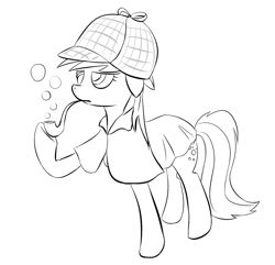 Size: 900x869 | Tagged: safe, artist:rubrony, derpy hooves, pegasus, pony, clothes, female, hat, mare, monochrome, pipe, solo