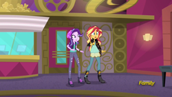 Size: 1920x1080 | Tagged: safe, screencap, starlight glimmer, sunset shimmer, equestria girls, mirror magic, spoiler:eqg specials, beanie, discovery family logo, hat