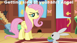 Size: 640x360 | Tagged: safe, edit, edited screencap, screencap, angel bunny, fluttershy, pegasus, pony, putting your hoof down, caption, image macro, vulgar