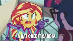 Size: 800x450 | Tagged: safe, screencap, sci-twi, sunset shimmer, twilight sparkle, equestria girls, friendship games, angry, bat credit card, batman and robin, exploitable meme, image macro, meme, nostalgia critic, sunset yells at twilight