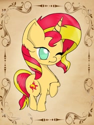 Size: 1224x1632 | Tagged: safe, artist:queen-meli, sunset shimmer, blushing, chest fluff, chibi, one eye closed, raised hoof, solo, wink