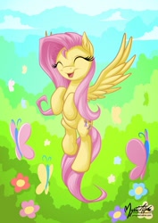 Size: 724x1023 | Tagged: safe, artist:mysticalpha, fluttershy, butterfly, pegasus, pony, cute, happy, shyabetes, solo