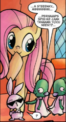 Size: 257x475 | Tagged: safe, artist:agnesgarbowska, idw, angel bunny, fluttershy, dragon, pegasus, pony, rabbit, sea beasts, idw micro series, spoiler:comic, animal, cropped, cute, female, male, mare, official comic, pimp, shyabetes, speech bubble