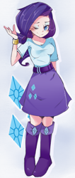 Size: 655x1543 | Tagged: safe, artist:hua, rarity, human, equestria girls, blushing, boots, bracelet, breasts, clothes, cutie mark, cutie mark background, female, high heel boots, human coloration, humanized, jewel, jewelry, one eye closed, simple background, skirt, solo, wink