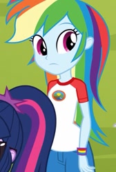 Size: 383x571 | Tagged: safe, derpibooru import, screencap, rainbow dash, sci-twi, twilight sparkle, equestria girls, legend of everfree, bracelet, camp everfree outfits, cropped, hips, jewelry, ponytail