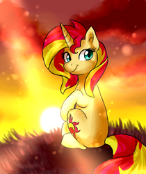 Size: 1170x1394 | Tagged: safe, artist:not-ordinary-pony, sunset shimmer, pony, unicorn, cute, faic, female, grass, looking back, mare, raised hoof, rear view, shimmerbetes, sitting, smiling, smirk, solo, sunset, sunshine shimmer, twiface