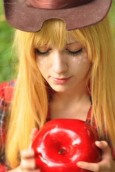 Size: 534x800 | Tagged: safe, applejack, human, apple, cosplay, irl, irl human, obligatory apple, photo, solo