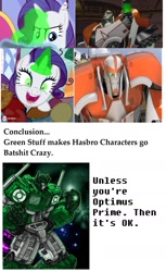 Size: 943x1540 | Tagged: safe, rarity, pony, unicorn, inspiration manifestation, green, green lantern, inspiration manifestation book, optimus prime, ratchet (transformers), synthetic energon, transformers