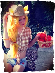 Size: 675x900 | Tagged: safe, applejack, human, apple, cosplay, irl, irl human, obligatory apple, photo, solo