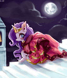 Size: 600x700 | Tagged: safe, artist:shanshantmblr, rarity, pony, unicorn, the best night ever, clothes, dress, gala dress, glass slipper (footwear), looking at you, moon, night, sky, solo, stairs