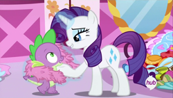 Size: 1920x1080 | Tagged: safe, screencap, rarity, spike, dragon, pony, unicorn, inspiration manifestation, feather boa, hub logo, magic