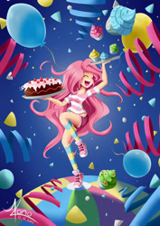 Size: 650x919 | Tagged: safe, artist:valinhya, pinkie pie, human, action poster, ball, balloon, cake, clothes, confetti, cupcake, cute, diapinkes, eyes closed, female, food, humanized, light skin, open mouth, party, socks, solo, streamers, striped socks, tray