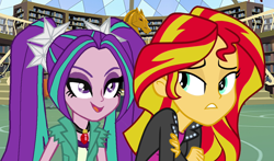 Size: 1500x882 | Tagged: safe, artist:ktd1993, aria blaze, sunset shimmer, equestria girls, canterlot high, clothes, female, jacket, leather jacket, lesbian, library, shipping, sunblaze