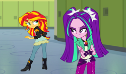 Size: 1000x588 | Tagged: safe, artist:ktd1993, aria blaze, sunset shimmer, equestria girls, boots, canterlot high, clothes, crossed arms, female, hallway, high heel boots, jacket, leather jacket, lesbian, lockers, pants, pendant, shipping, sunblaze