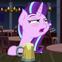 Size: 2560x2555 | Tagged: safe, artist:esfelt, artist:slb94, starlight glimmer, pony, alcohol, bar, beer, blushing, cider, drunk, drunklight glimmer, mug, tankard, u wot m8