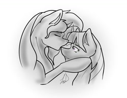 Size: 1280x989 | Tagged: safe, artist:lyx-d, sunset shimmer, twilight sparkle, twilight sparkle (alicorn), alicorn, pony, unicorn, cute, eyes closed, female, grayscale, kissing, lesbian, mare, monochrome, shimmerbetes, shipping, smiling, sunsetsparkle, twiabetes